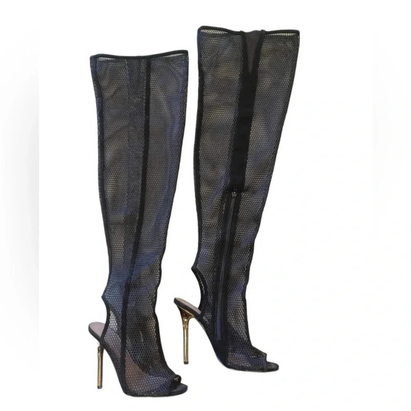 💥HOST PICK💥 Over The Knee Fishnet Peep Toe Metallic Heels Boots Size 5.5 - Picture 2 of 12